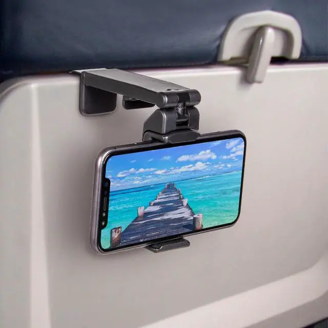 Main image of Universal in Flight Airplane Phone Holder Mount. Hands Free Viewing with Multi-Directional Dual 360 Degree Rotation. Pocket Size Must Have Airplane Travel Essential Accessory for Flying