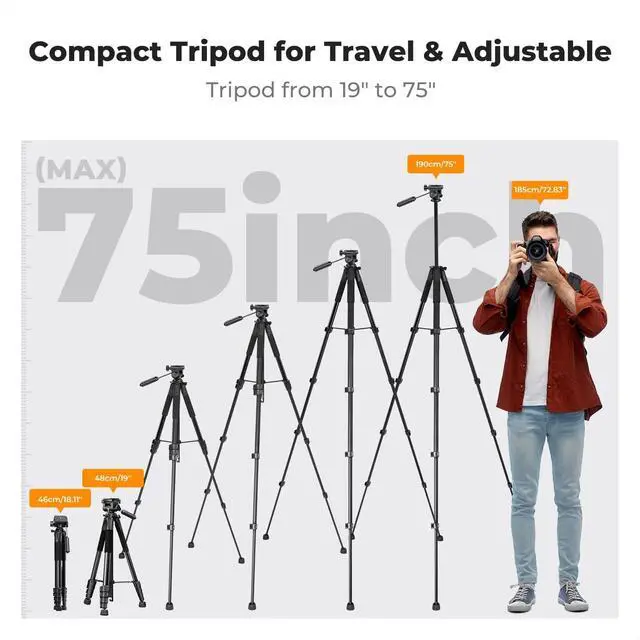 Alt view image 4 of 7 - CONCEPT Camera Tripod, 75" Lightweight Portable Travel Outdoor DSLR Tripods for Camera Phone Video Recording Tripod Stand, Cellphone Clip for Smartphone Live Streaming Vlog, Black