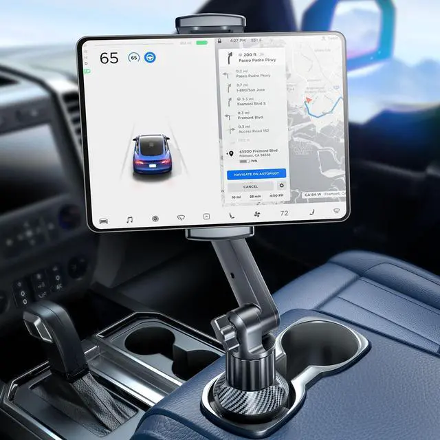 Main image of Tablet Holder for Car, for iPad Stand Cup Holder Car Mount with 1.57" Depth Large Clamp 15" Height Adjustable Tab Mount Holder for 6"-12.9" Cell Phone iPhone Travel iPad Accessories