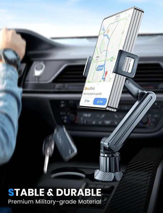 Alt view image 2 of 7 - Tablet Holder for Car, for iPad Stand Cup Holder Car Mount with 1.57" Depth Large Clamp 15" Height Adjustable Tab Mount Holder for 6"-12.9" Cell Phone iPhone Travel iPad Accessories