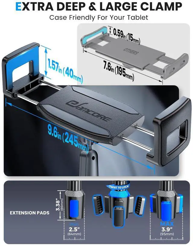 Alt view image 3 of 7 - Tablet Holder for Car, for iPad Stand Cup Holder Car Mount with 1.57" Depth Large Clamp 15" Height Adjustable Tab Mount Holder for 6"-12.9" Cell Phone iPhone Travel iPad Accessories