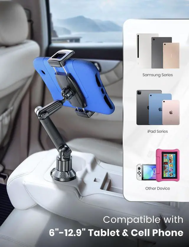 Alt view image 5 of 7 - Tablet Holder for Car, for iPad Stand Cup Holder Car Mount with 1.57" Depth Large Clamp 15" Height Adjustable Tab Mount Holder for 6"-12.9" Cell Phone iPhone Travel iPad Accessories