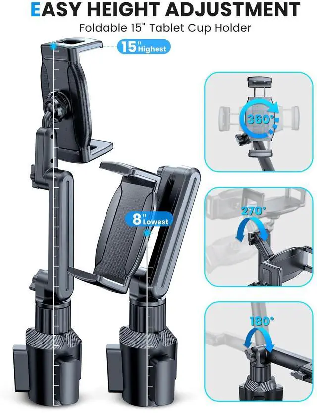 Alt view image 4 of 7 - Tablet Holder for Car, for iPad Stand Cup Holder Car Mount with 1.57" Depth Large Clamp 15" Height Adjustable Tab Mount Holder for 6"-12.9" Cell Phone iPhone Travel iPad Accessories