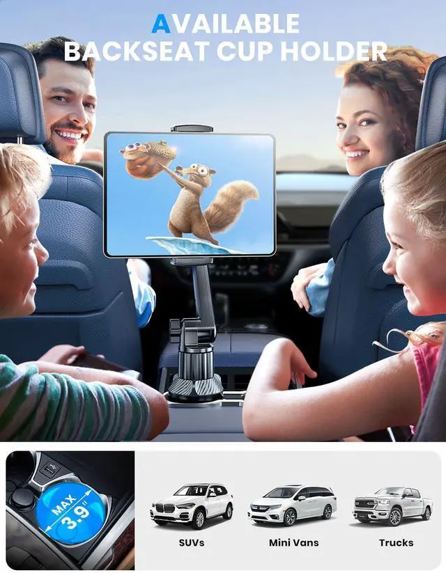 Alt view image 7 of 7 - Tablet Holder for Car, for iPad Stand Cup Holder Car Mount with 1.57" Depth Large Clamp 15" Height Adjustable Tab Mount Holder for 6"-12.9" Cell Phone iPhone Travel iPad Accessories