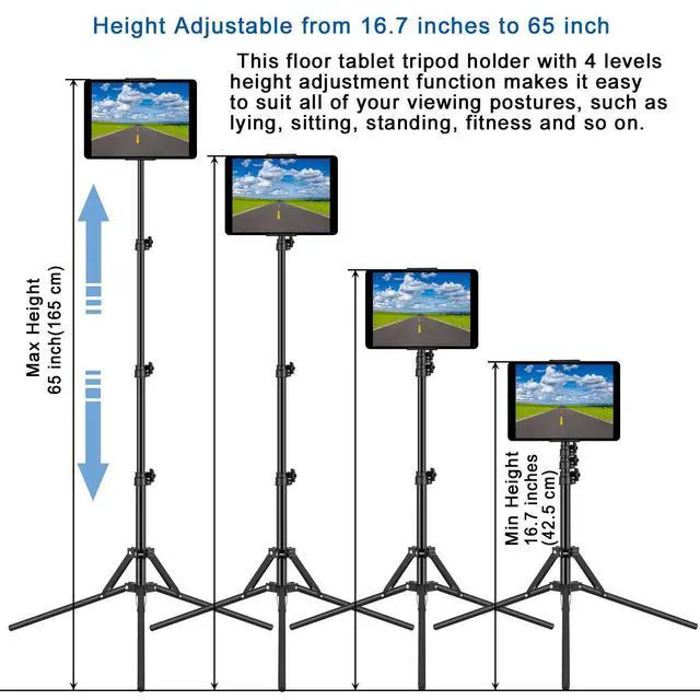 Alt view image 5 of 7 - Ipad Tripod Stand, with 65 inch Height Adjustable iPad Stand Holder & iPad Floor Stand with 360° Rotating iPad Tripod Mount for iPad Pro, iPhone, Kindle, and All 4.5-12.9 Inch Tablets