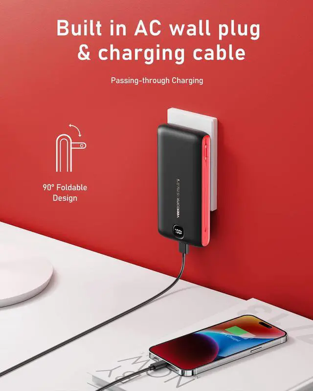 Alt view image 3 of 7 - Portable Charger with Built in Cables 20000mAh, Power Bank for iPhone with AC Wall Plug, Fast Charging USB C Slim Battery Pack with LED Display Compatible with iPhone 17/16/15, Samsung