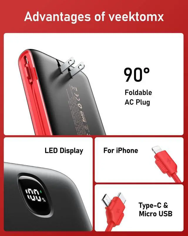 Alt view image 5 of 7 - Portable Charger with Built in Cables 20000mAh, Power Bank for iPhone with AC Wall Plug, Fast Charging USB C Slim Battery Pack with LED Display Compatible with iPhone 17/16/15, Samsung