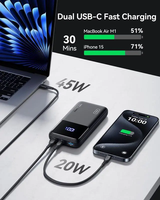 Alt view image 4 of 7 - Portable Charger, 20000mAh 65W Compact USB C Laptop Power Bank, PD QC Fast Charging 3-Output Battery Pack, Travel Charger for Laptop MacBook iPad Tablet Steam Deck iPhone 17 16 15 14 Samsung S24