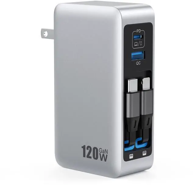 Main image of 120W USB C Charger Block with 2 Built-in Retractable Cables,4-in-1 GaN IV Foldable Plug Wall Charger Fast Charging Station,PD 65W Laptop Adapter for MacBook/iPad,iPhone 17/16/15/14,Galaxy,Android etc