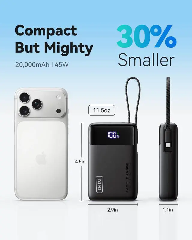Alt view image 3 of 7 - 45W Portable Charger, Smallest 20000mAh Power Bank with Build in USB-C Cable, Fast Charging USB C in&Out Battery Pack, Travel Phone Charger for iPhone 17 16 15 Air Samsung S25 S24 Google iPad etc
