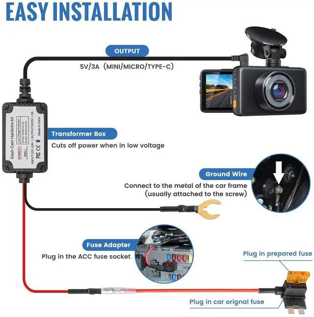 Alt view image 3 of 7 - 3-in-1 Micro USB & Mini USB Type-C Dash Cam Hardwire Kit Car Charging Power Cable 12V-24V to 5V w/Low Voltage Protection 13ft Dash Camera Charger Power Supply Cord for Dashcam GPS Radar Detector