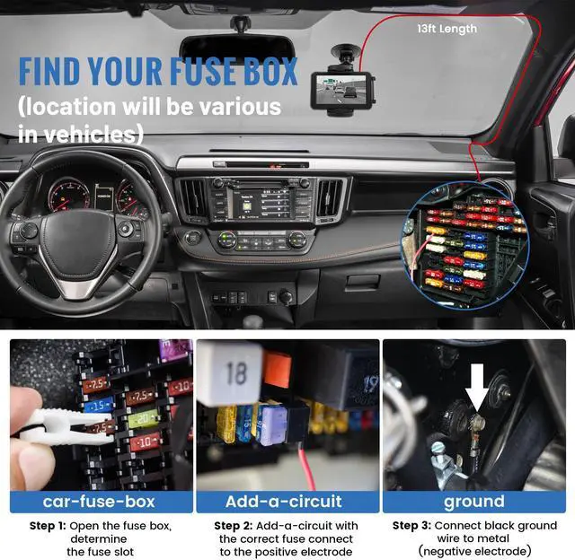 Alt view image 4 of 7 - 3-in-1 Micro USB & Mini USB Type-C Dash Cam Hardwire Kit Car Charging Power Cable 12V-24V to 5V w/Low Voltage Protection 13ft Dash Camera Charger Power Supply Cord for Dashcam GPS Radar Detector