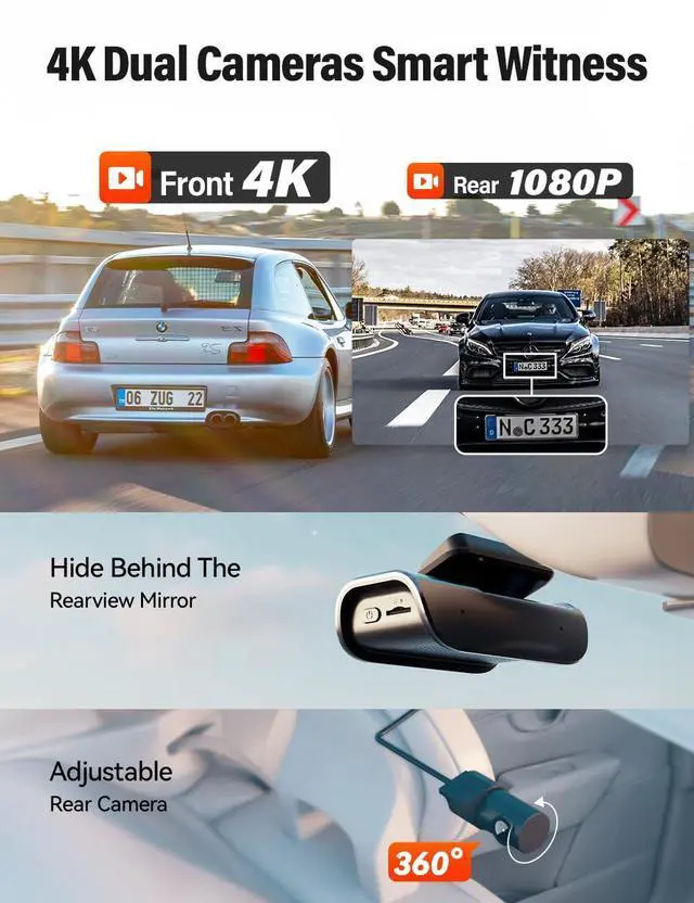 Alt view image 2 of 7 - 4K Front and Rear Dash Cam: Fast 5GHz WiFi & Hands-Free Voice Control, Compact Hidden Design, 24/7 Parking Mode Recording, Supercapacitor & Type-C, Free 64GB Card, Super Night Vision