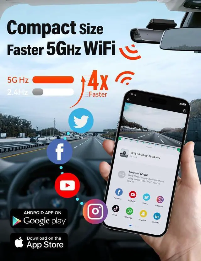 Alt view image 3 of 7 - 4K Front and Rear Dash Cam: Fast 5GHz WiFi & Hands-Free Voice Control, Compact Hidden Design, 24/7 Parking Mode Recording, Supercapacitor & Type-C, Free 64GB Card, Super Night Vision