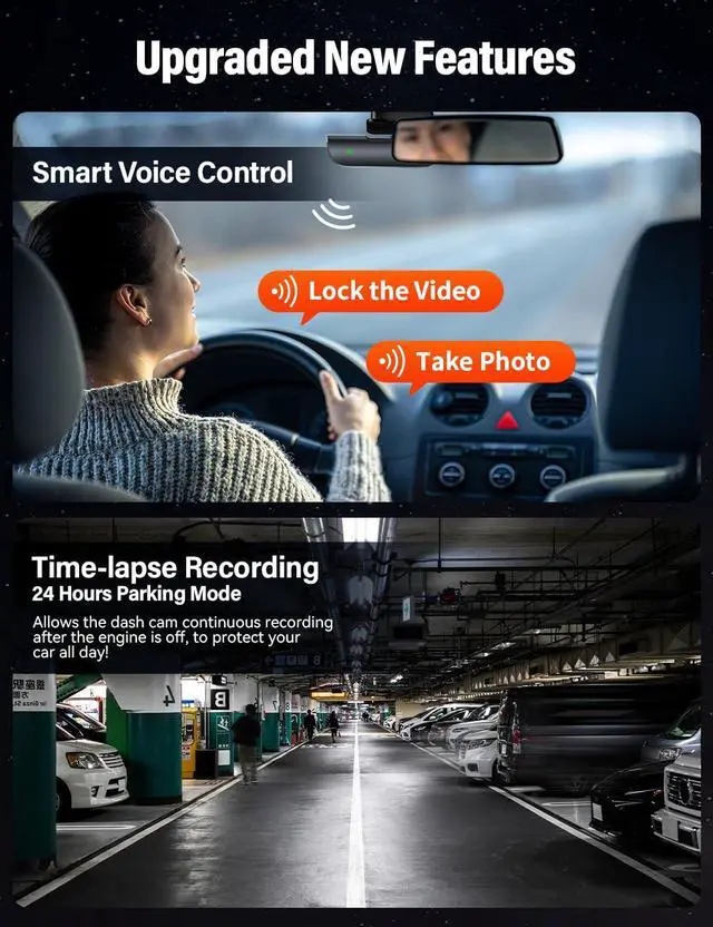 Alt view image 5 of 7 - 4K Front and Rear Dash Cam: Fast 5GHz WiFi & Hands-Free Voice Control, Compact Hidden Design, 24/7 Parking Mode Recording, Supercapacitor & Type-C, Free 64GB Card, Super Night Vision