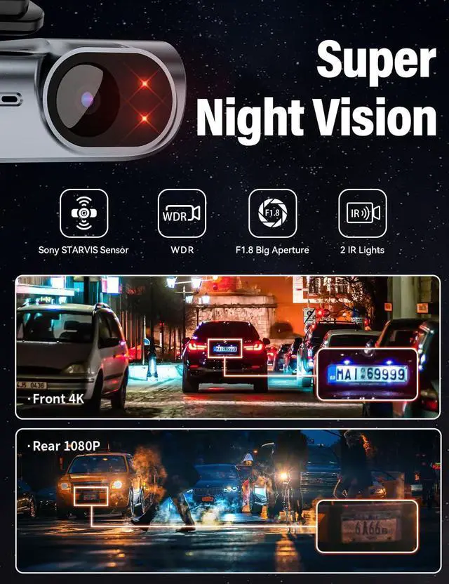 Alt view image 6 of 7 - 4K Front and Rear Dash Cam: Fast 5GHz WiFi & Hands-Free Voice Control, Compact Hidden Design, 24/7 Parking Mode Recording, Supercapacitor & Type-C, Free 64GB Card, Super Night Vision