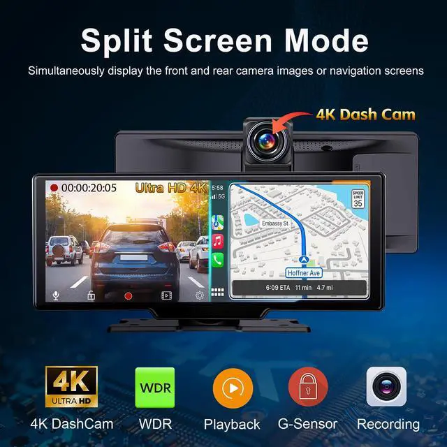 Alt view image 6 of 7 - Portable 9.3-inch Wireless Apple CarPlay Screen for Car with Auto Brightness, 4K Dash Cam & Backup Camera, Bluetooth Car Stereo with Android Auto, Touchscreen CarPlay Box,GPS Navigation