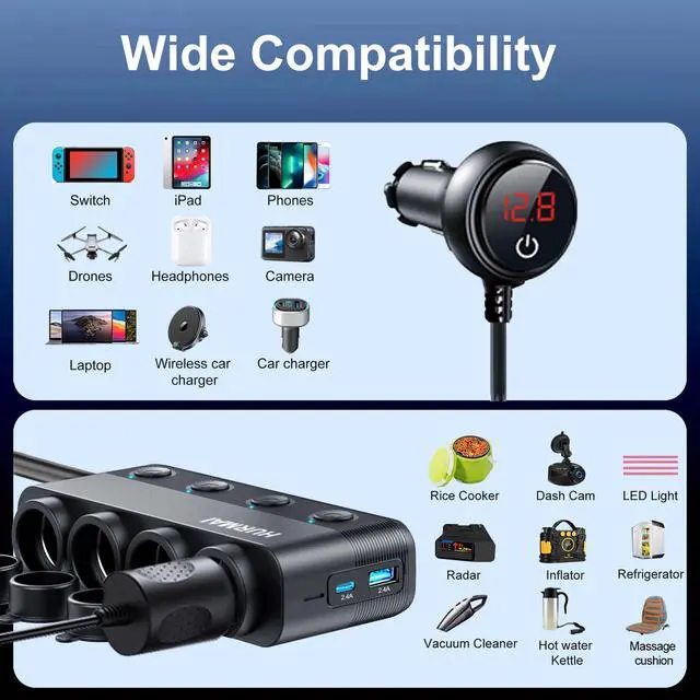 Alt view image 3 of 7 - Cigarette Lighter Splitter 216W 4 Socket Car Cigarette Lighter Adapter Heavy Duty Truck Car USB Chager Multi Port USB C 12V/24V Independent Switches & Dust Cover & Waterproof for Car Devices