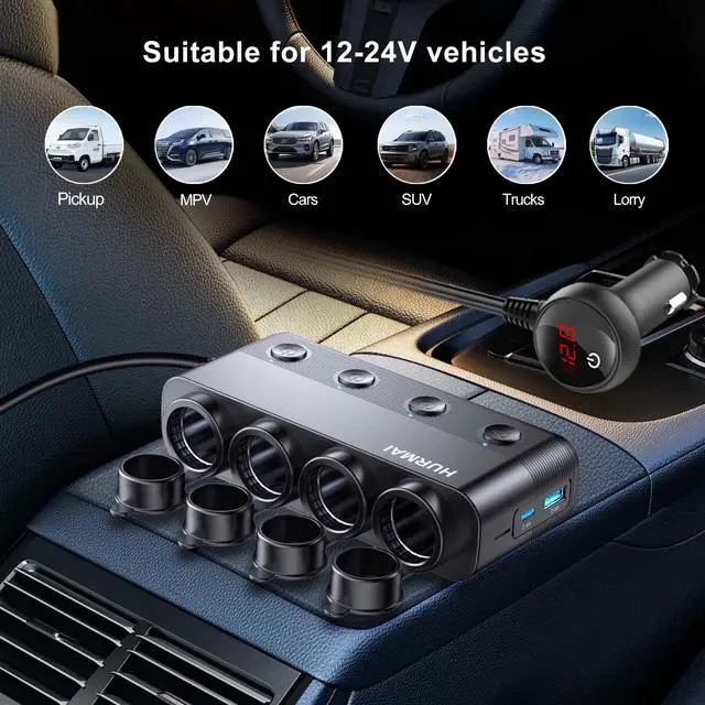 Alt view image 4 of 7 - Cigarette Lighter Splitter 216W 4 Socket Car Cigarette Lighter Adapter Heavy Duty Truck Car USB Chager Multi Port USB C 12V/24V Independent Switches & Dust Cover & Waterproof for Car Devices