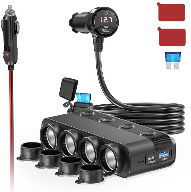 Main image of Cigarette Lighter Splitter,300W 4-Socket Car Charger Adapter with Dual PD30W Type C & QC18W USB12V/24V Car Splitter Adapter with Independent Switches & LED Voltage Display for All Car Devices