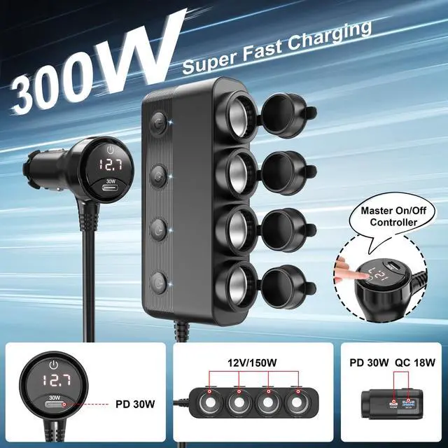 Alt view image 2 of 7 - Cigarette Lighter Splitter,300W 4-Socket Car Charger Adapter with Dual PD30W Type C & QC18W USB12V/24V Car Splitter Adapter with Independent Switches & LED Voltage Display for All Car Devices