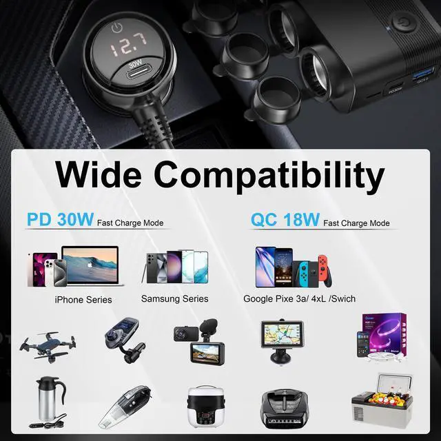 Alt view image 5 of 7 - Cigarette Lighter Splitter,300W 4-Socket Car Charger Adapter with Dual PD30W Type C & QC18W USB12V/24V Car Splitter Adapter with Independent Switches & LED Voltage Display for All Car Devices