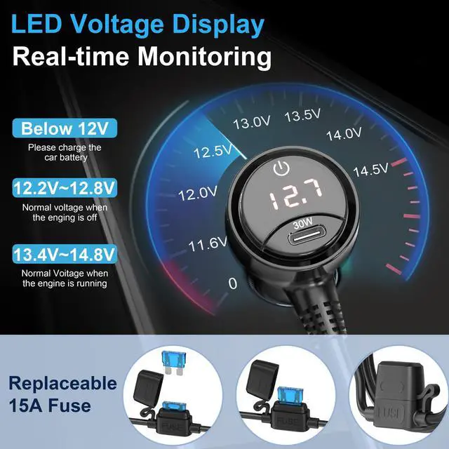 Alt view image 4 of 7 - Cigarette Lighter Splitter,300W 4-Socket Car Charger Adapter with Dual PD30W Type C & QC18W USB12V/24V Car Splitter Adapter with Independent Switches & LED Voltage Display for All Car Devices