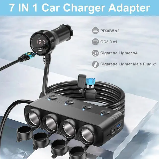 Alt view image 6 of 7 - Cigarette Lighter Splitter,300W 4-Socket Car Charger Adapter with Dual PD30W Type C & QC18W USB12V/24V Car Splitter Adapter with Independent Switches & LED Voltage Display for All Car Devices