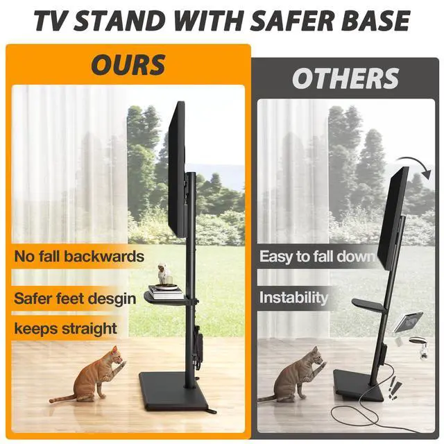Alt view image 2 of 7 - Floor TV Stand with Power Outlet, TV Mount Stand for 32-60 inch TVs up to 88 lbs, Swivel TV Stand Mount with Height Adjustment and Safety Wood Base for Office, Corner, Max VESA 400x400mm