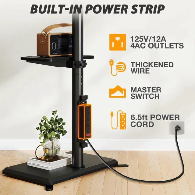 Alt view image 3 of 7 - Floor TV Stand with Power Outlet, TV Mount Stand for 32-60 inch TVs up to 88 lbs, Swivel TV Stand Mount with Height Adjustment and Safety Wood Base for Office, Corner, Max VESA 400x400mm