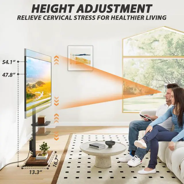 Alt view image 5 of 7 - Floor TV Stand with Power Outlet, TV Mount Stand for 32-60 inch TVs up to 88 lbs, Swivel TV Stand Mount with Height Adjustment and Safety Wood Base for Office, Corner, Max VESA 400x400mm
