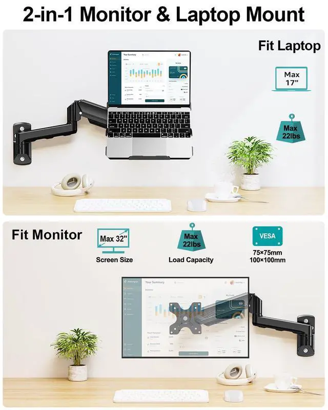 Alt view image 2 of 7 - Laptop Wall Mount, 2-in-1 Monitor Wall Mount with Vented Tray for 11-17" Notebook/13-32 Computer Screen, Full Motion Adjustable Laptop Holder Stand, Gas Spring Laptop Arm Holds 4.4-22 lbs