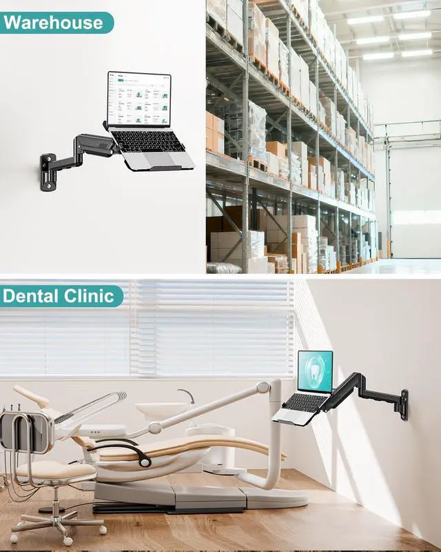 Alt view image 3 of 7 - Laptop Wall Mount, 2-in-1 Monitor Wall Mount with Vented Tray for 11-17" Notebook/13-32 Computer Screen, Full Motion Adjustable Laptop Holder Stand, Gas Spring Laptop Arm Holds 4.4-22 lbs