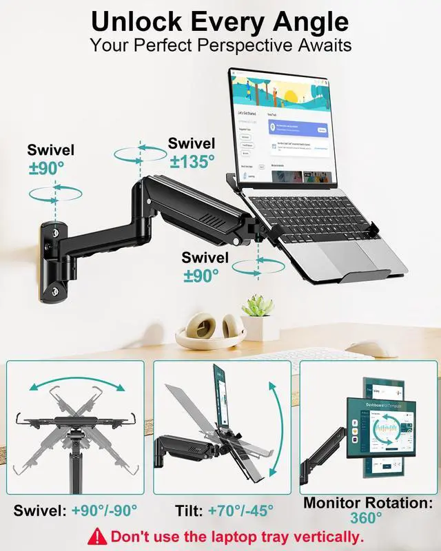 Alt view image 4 of 7 - Laptop Wall Mount, 2-in-1 Monitor Wall Mount with Vented Tray for 11-17" Notebook/13-32 Computer Screen, Full Motion Adjustable Laptop Holder Stand, Gas Spring Laptop Arm Holds 4.4-22 lbs
