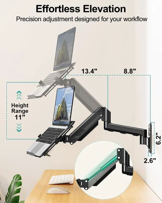 Alt view image 5 of 7 - Laptop Wall Mount, 2-in-1 Monitor Wall Mount with Vented Tray for 11-17" Notebook/13-32 Computer Screen, Full Motion Adjustable Laptop Holder Stand, Gas Spring Laptop Arm Holds 4.4-22 lbs