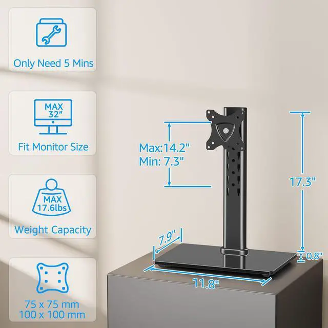 Alt view image 7 of 7 - Monitor Stand for Desk, Freestanding Monitor Mount Fits 13-32 inch Screen up to 17.6 lbs, Screen Stand with Swivel, Height, Rotation Adjustment, VESA Mount 100 x 100mm, 75 x 75mm