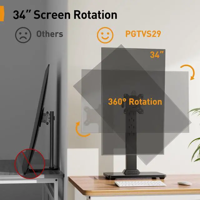 Alt view image 6 of 7 - Monitor Stand, Freestanding Monitor Mount for 13-34 inch Screens with 360 Degree Rotation, 5 Height Settings, Adjustable Desk Riser with Swivel and Tilt, Max VESA 100x100mm, PGTVS29