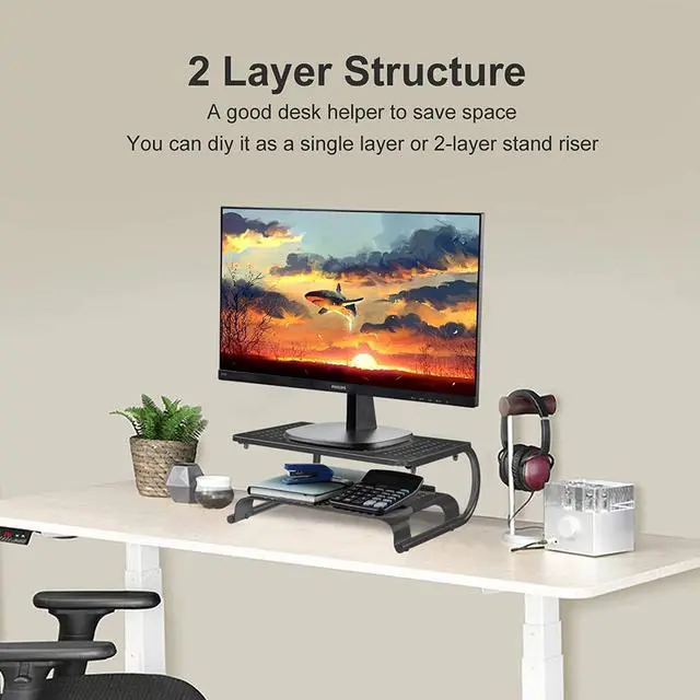 Alt view image 2 of 6 - Double-Deck Desk Monitor Stand Riser for Computer,Laptop,Printer, Notebook and All Flat Screen Display with Vented Metal Platform and 4 Inches Height Underneath Storage (MST002)