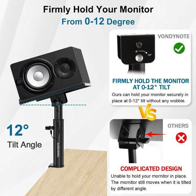 Alt view image 3 of 7 - Studio Monitor Stands Pair Heavy Duty Desk Clamp Speaker Stands with Adjustable Tilt Angle Tray of 0-12 °