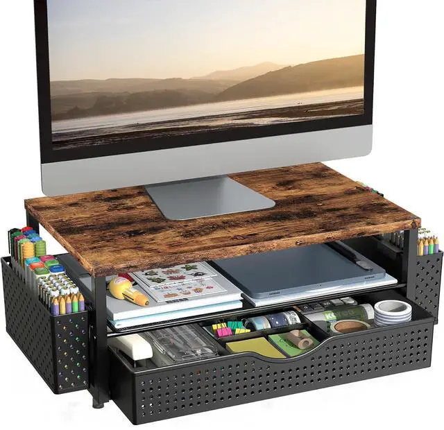 Main image of Desk Organizer and Accessories, Computer Monitor Stand Riser with Drawer and 2 Pen Holders, Office Desk Accessories & Workspace Organizers for Office Supplies (Wood)