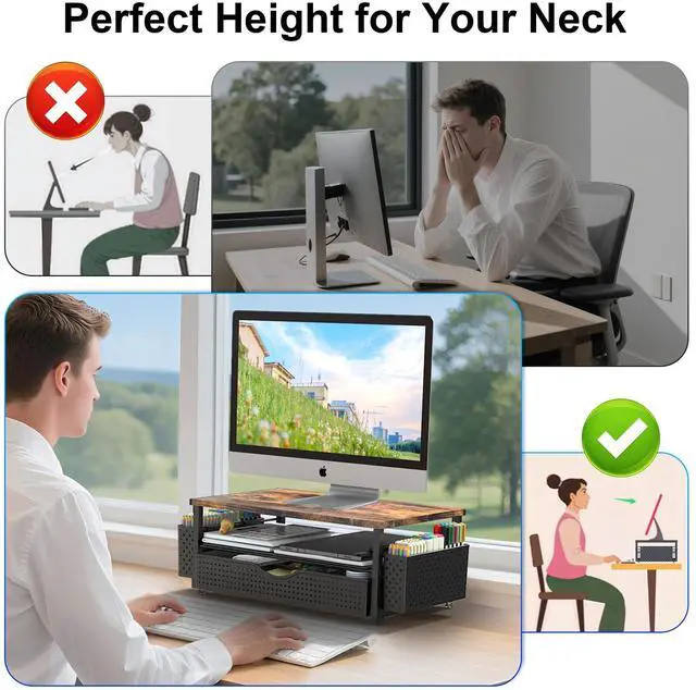 Alt view image 3 of 7 - Desk Organizer and Accessories, Computer Monitor Stand Riser with Drawer and 2 Pen Holders, Office Desk Accessories & Workspace Organizers for Office Supplies (Wood)