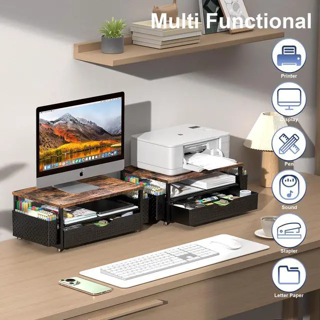 Alt view image 5 of 7 - Desk Organizer and Accessories, Computer Monitor Stand Riser with Drawer and 2 Pen Holders, Office Desk Accessories & Workspace Organizers for Office Supplies (Wood)