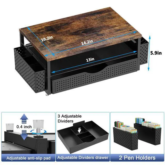 Alt view image 6 of 7 - Desk Organizer and Accessories, Computer Monitor Stand Riser with Drawer and 2 Pen Holders, Office Desk Accessories & Workspace Organizers for Office Supplies (Wood)