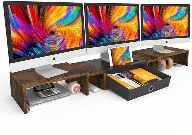 Main image of Triple Dual Monitor Stand Riser with Drawer,Extra Large Adjustable for 2~3 Monitors,Solt for Phone & Tablet, Desktop Organizer Stand for Computer,Laptop,Printer,TV