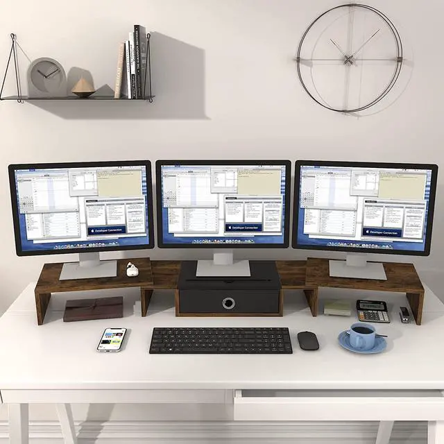 Alt view image 5 of 7 - Triple Dual Monitor Stand Riser with Drawer,Extra Large Adjustable for 2~3 Monitors,Solt for Phone & Tablet, Desktop Organizer Stand for Computer,Laptop,Printer,TV