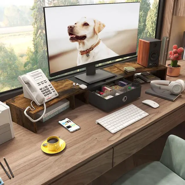 Alt view image 6 of 7 - Triple Dual Monitor Stand Riser with Drawer,Extra Large Adjustable for 2~3 Monitors,Solt for Phone & Tablet, Desktop Organizer Stand for Computer,Laptop,Printer,TV