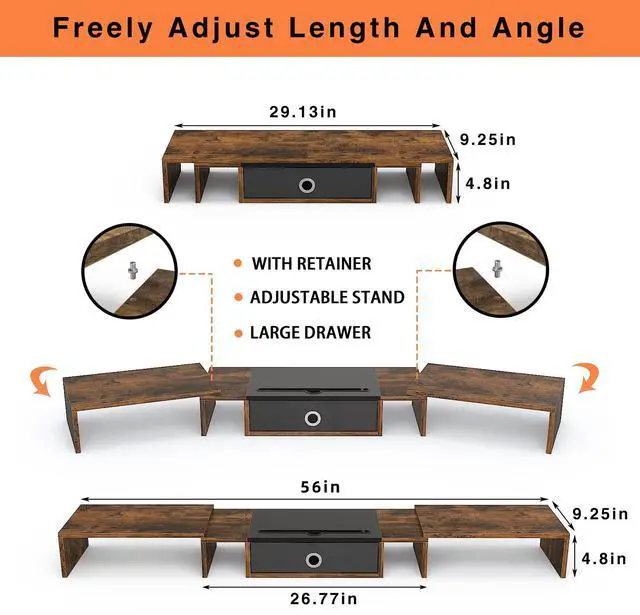 Alt view image 7 of 7 - Triple Dual Monitor Stand Riser with Drawer,Extra Large Adjustable for 2~3 Monitors,Solt for Phone & Tablet, Desktop Organizer Stand for Computer,Laptop,Printer,TV