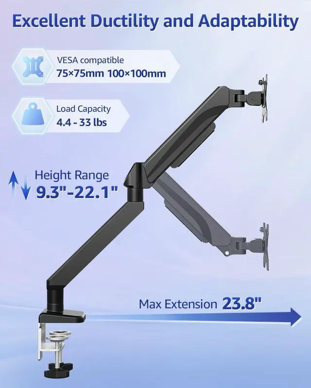 Alt view image 3 of 7 - Heavy Duty Single Monitor Arm for 42 40 39 34 32 27Inch Screens, Monitor Stand for Desk Supports 4.4-33 lbs, Height Adjustable Ultrawide Monitors Mount with C-Clamp & Grommet Base