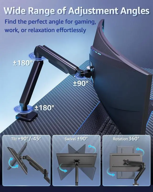 Alt view image 6 of 7 - Heavy Duty Single Monitor Arm for 42 40 39 34 32 27Inch Screens, Monitor Stand for Desk Supports 4.4-33 lbs, Height Adjustable Ultrawide Monitors Mount with C-Clamp & Grommet Base