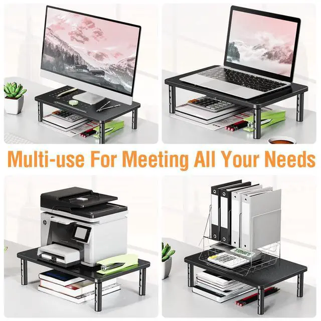 Alt view image 4 of 7 - 2 Pack Monitor Stand Riser - 3 Height Adjustable Monitor Stand for Laptop, Computer, PC, Printer, Mesh Metal Monitor Riser for Desktop Organizer.